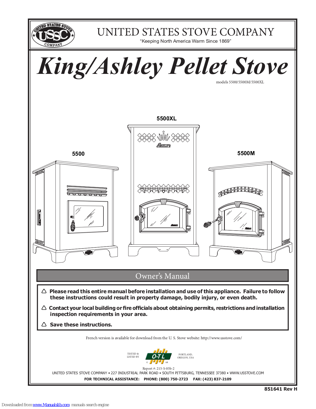 United States Stove Company 5500, 5500M, 5500XL Owner's Manual