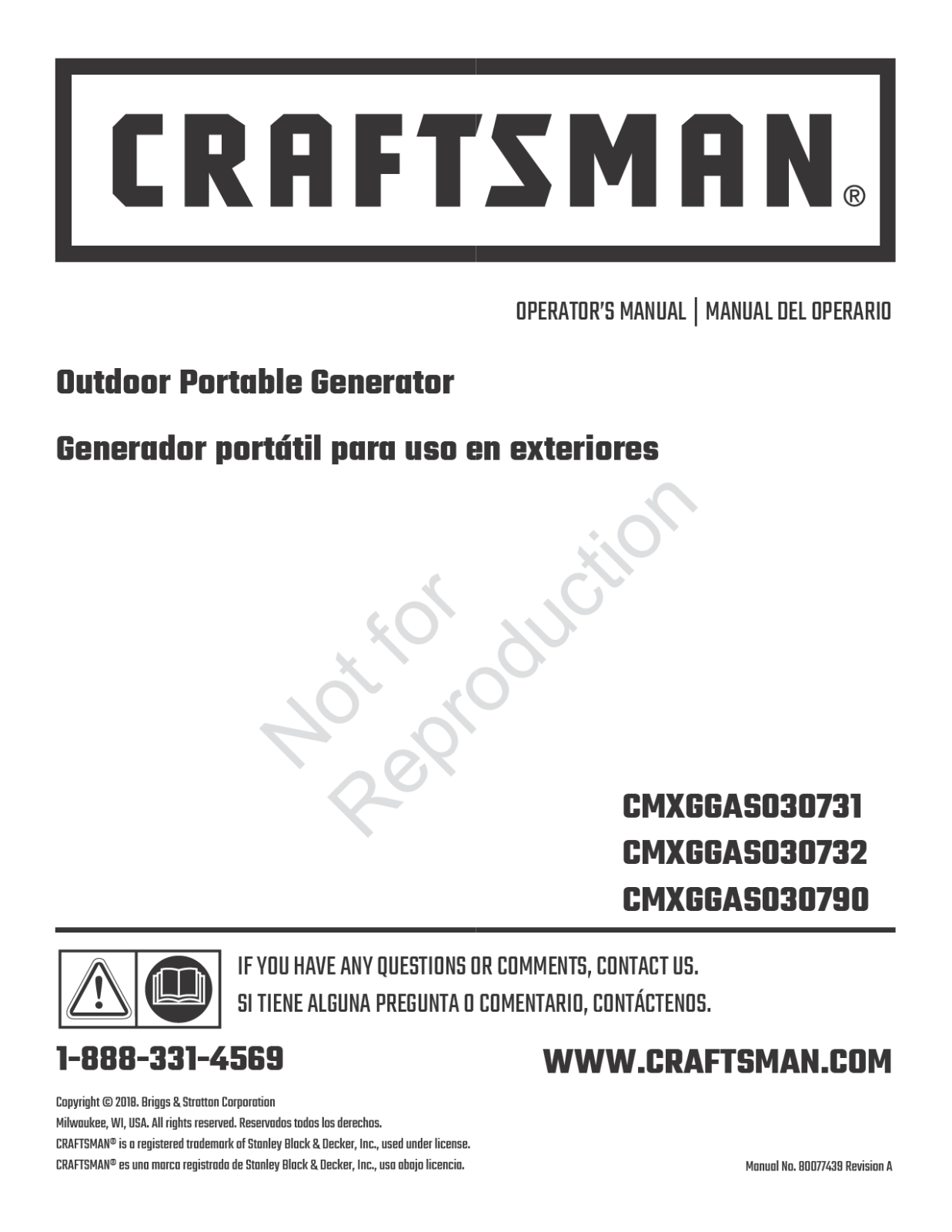 Craftsman CMXGGAS030790, CMXGGAS030732, CMXGGAS030731, 030790-00, 030731-00 Owner’s Manual