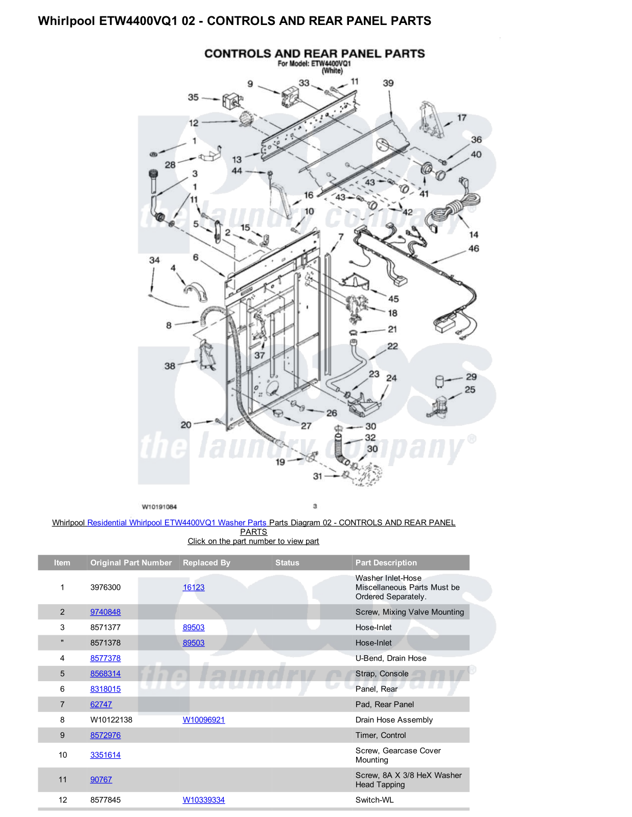 Whirlpool ETW4400VQ1 Parts Diagram