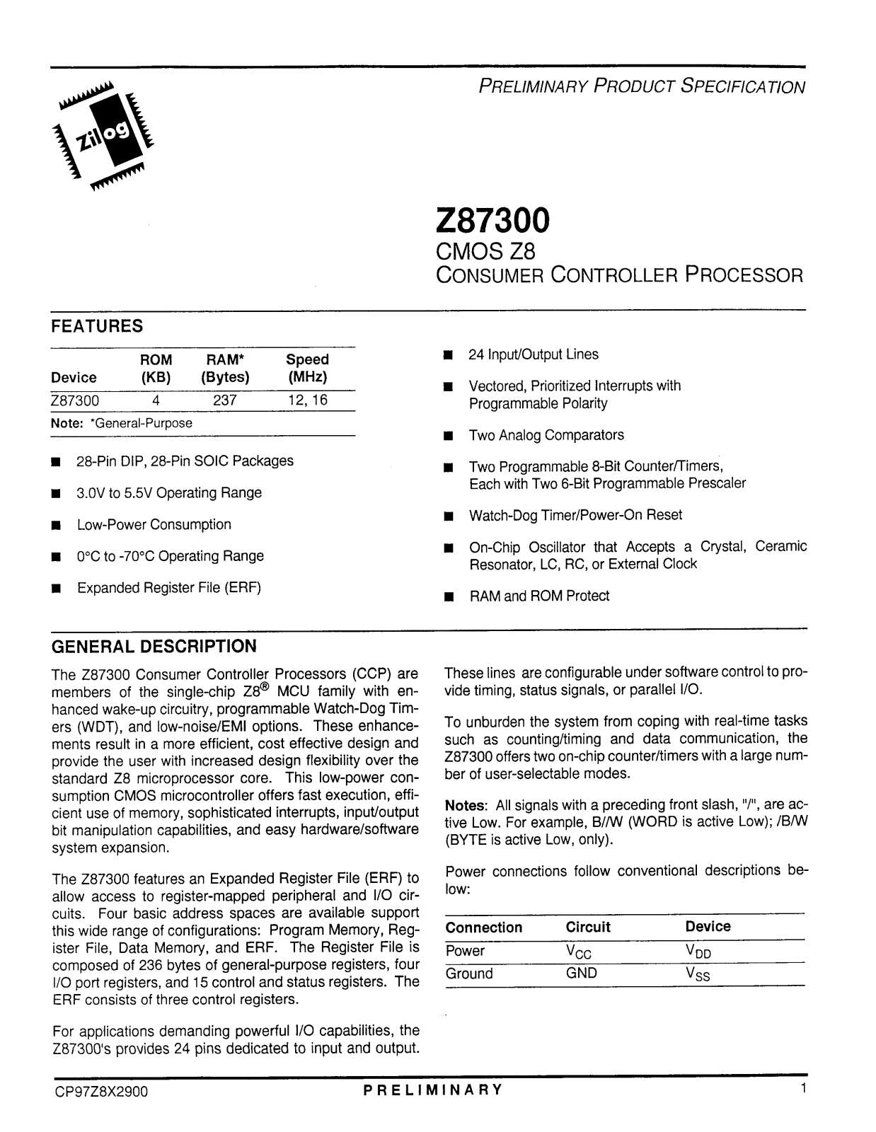 Zilog Z87300 SPECIFICATIONS