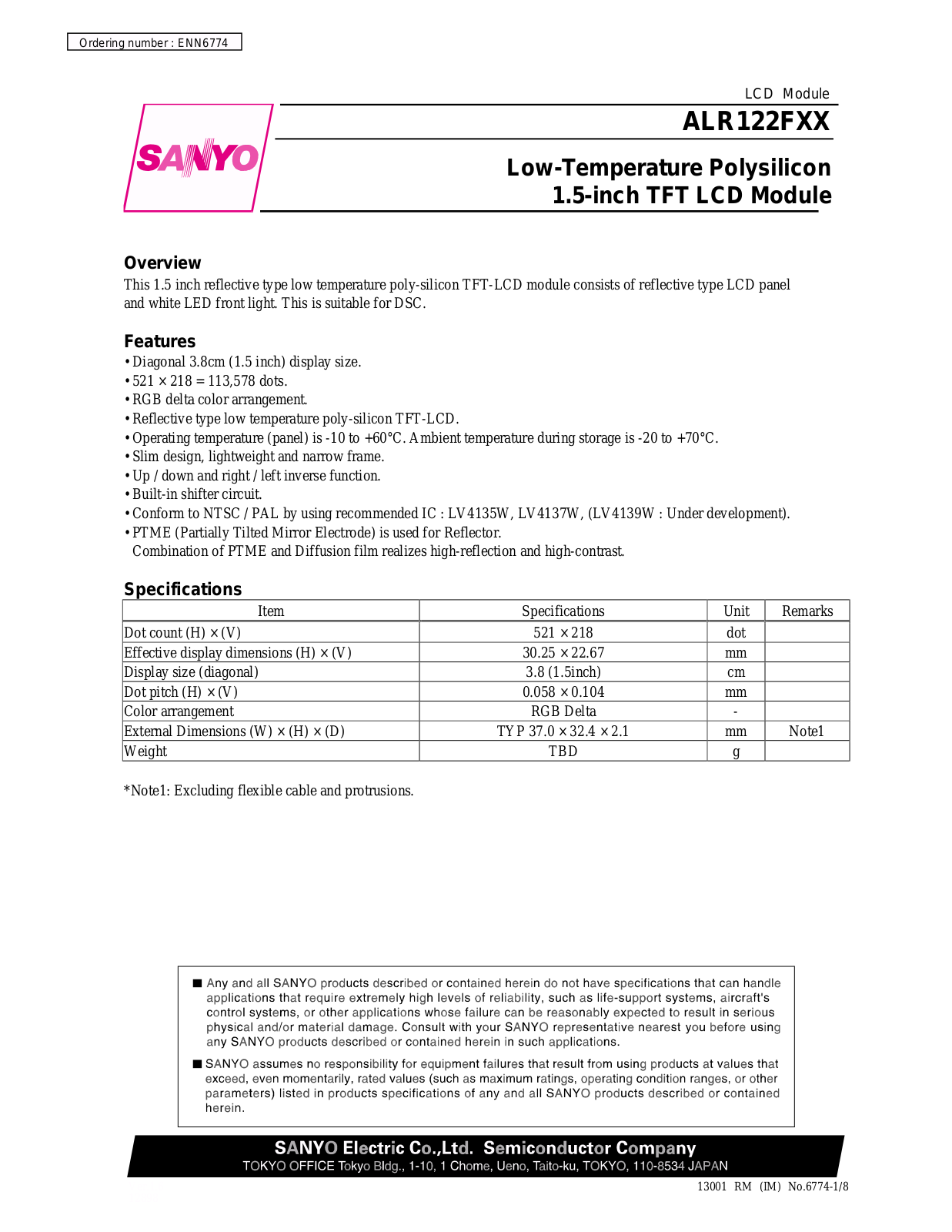 Sanyo ALR122FXX Specifications