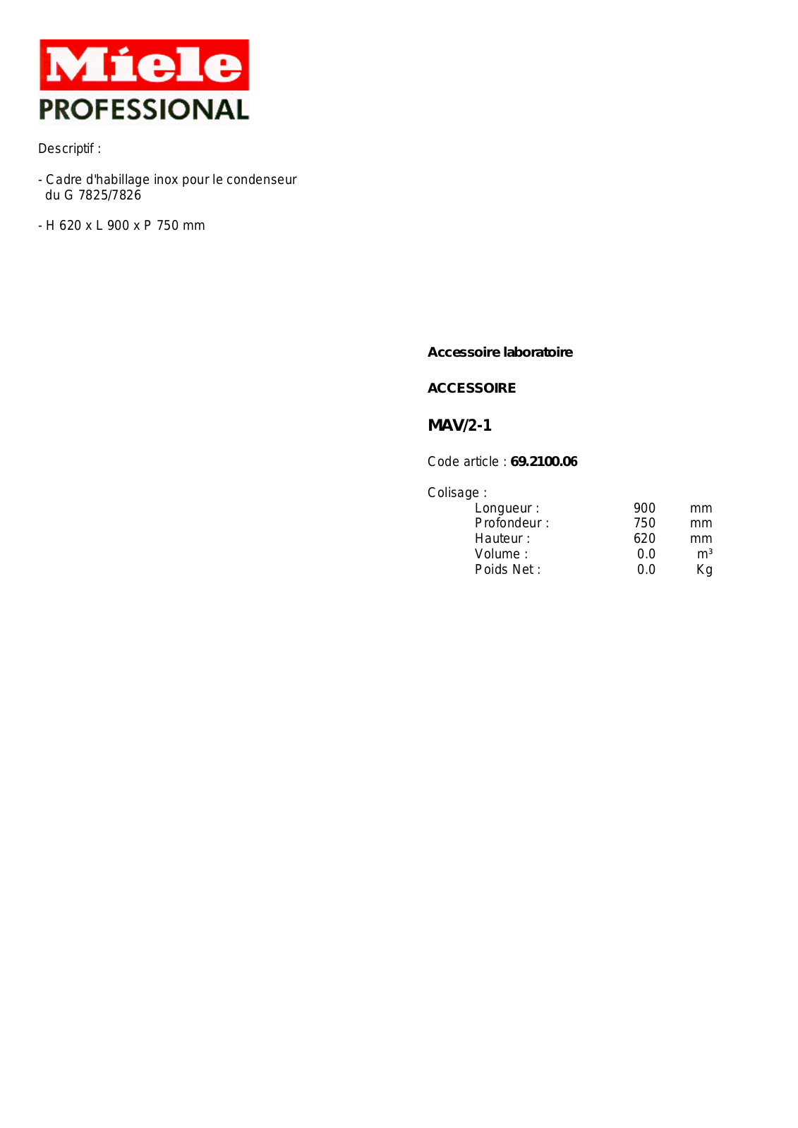 MIELE MAV-2-1 DESCRIPTIF User Manual