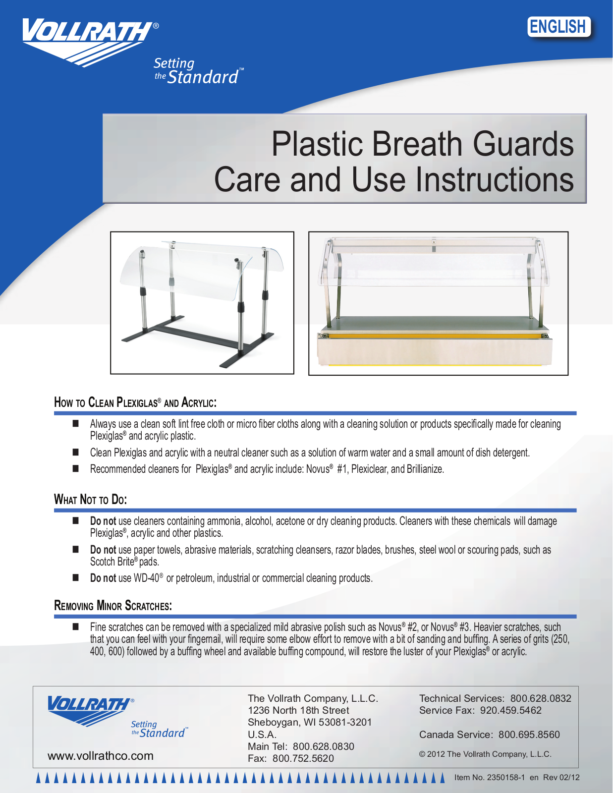 Vollrath Breath Guards for Hot Dog Roller Grills User Manual