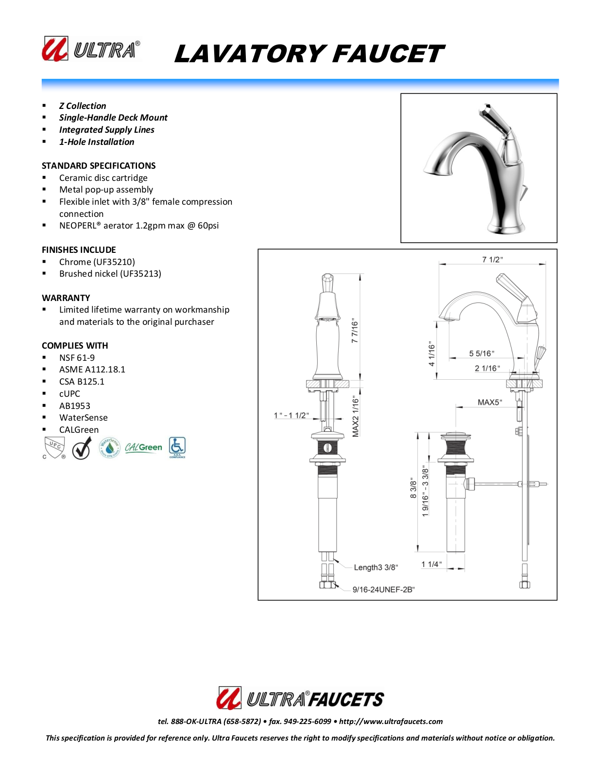 Ultra Faucets LTR10027 Specifications - ManualMachine.com