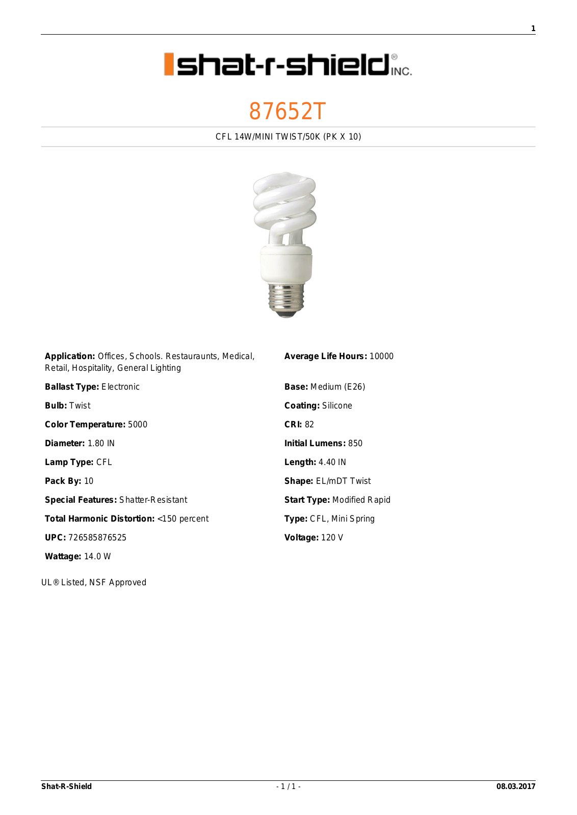 Shat-R-Shield 87652T Data sheet