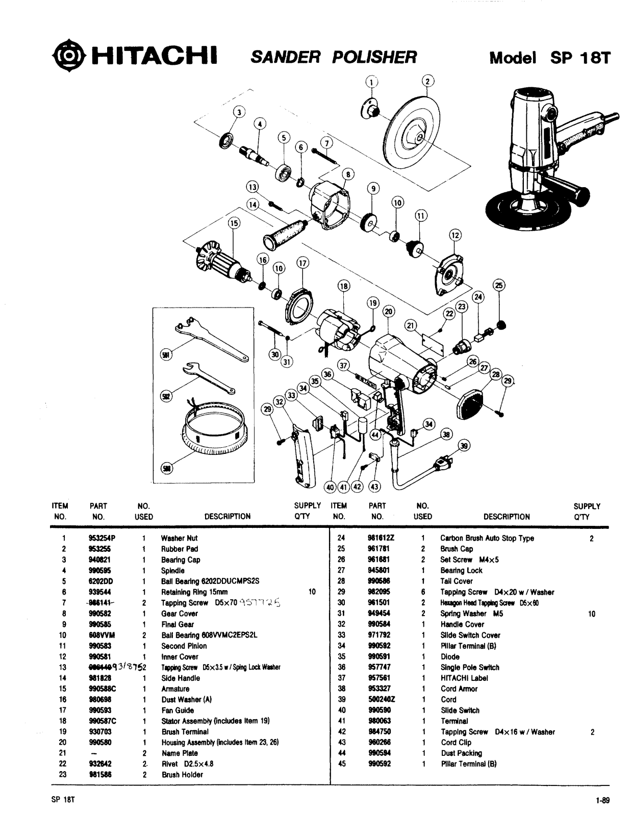 Hitachi SP18T PARTS LIST