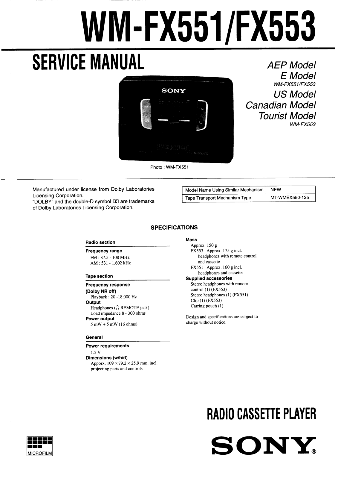 Sony WM-FX551, WM-FX553 Service manual