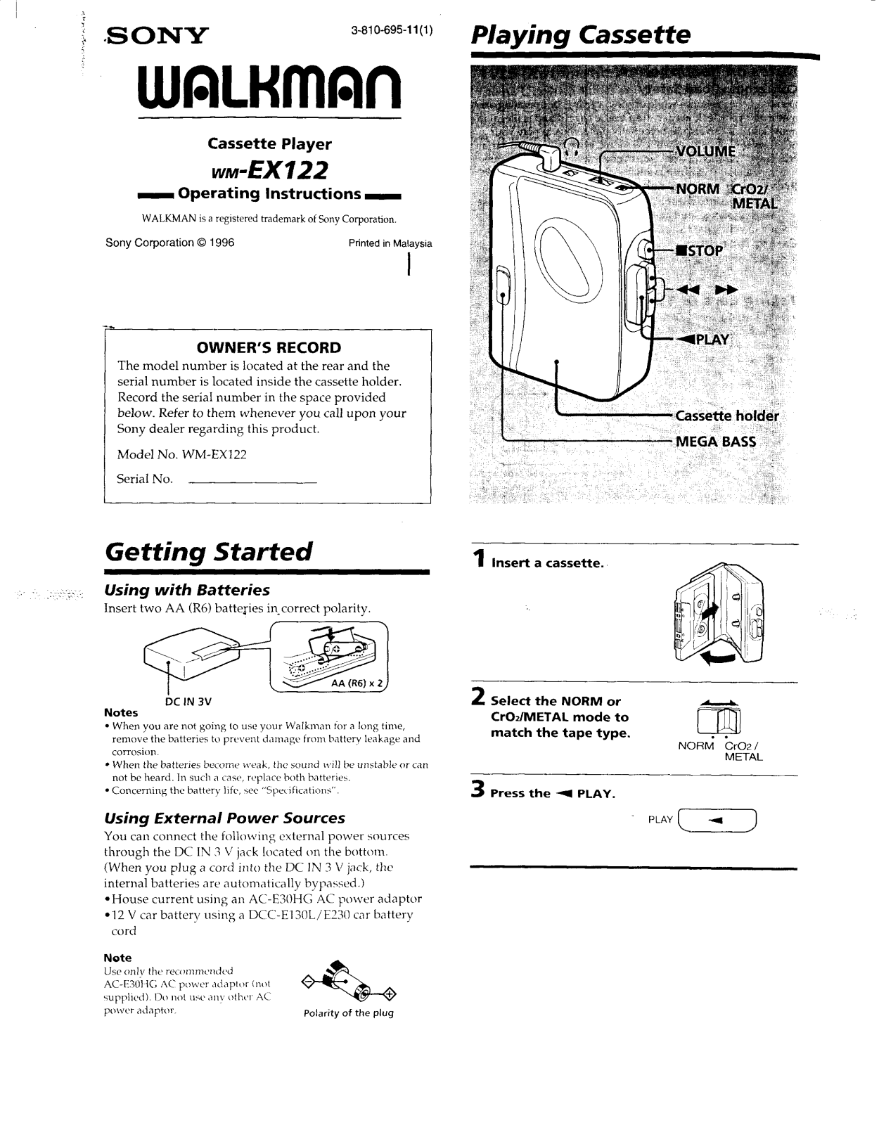 Sony WM-EX122 Operating Manual