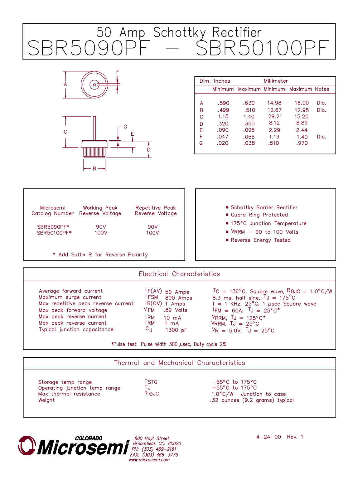 Microsemi Corporation SBR50100PF Datasheet