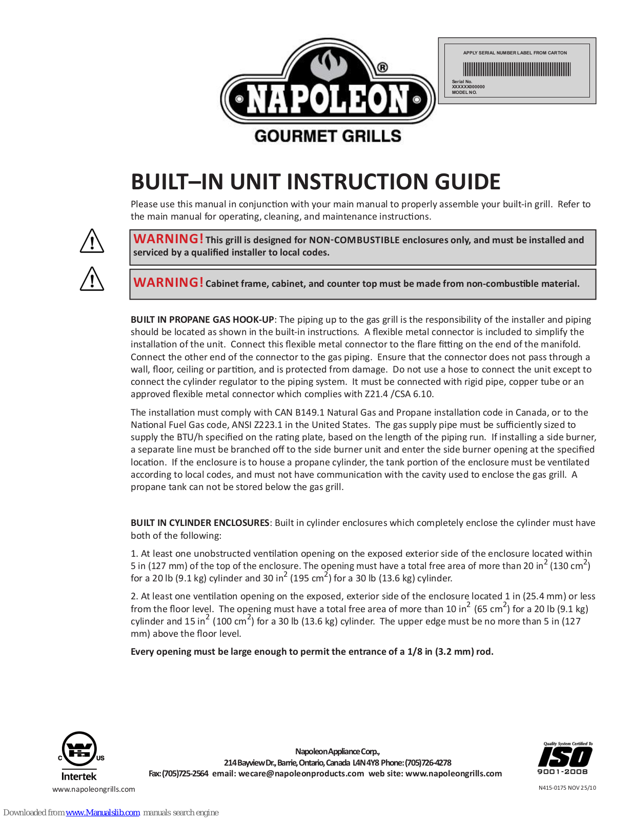 Napoleon BIPT450, BIPT600, BIU405, BIPT750 Instruction Manual