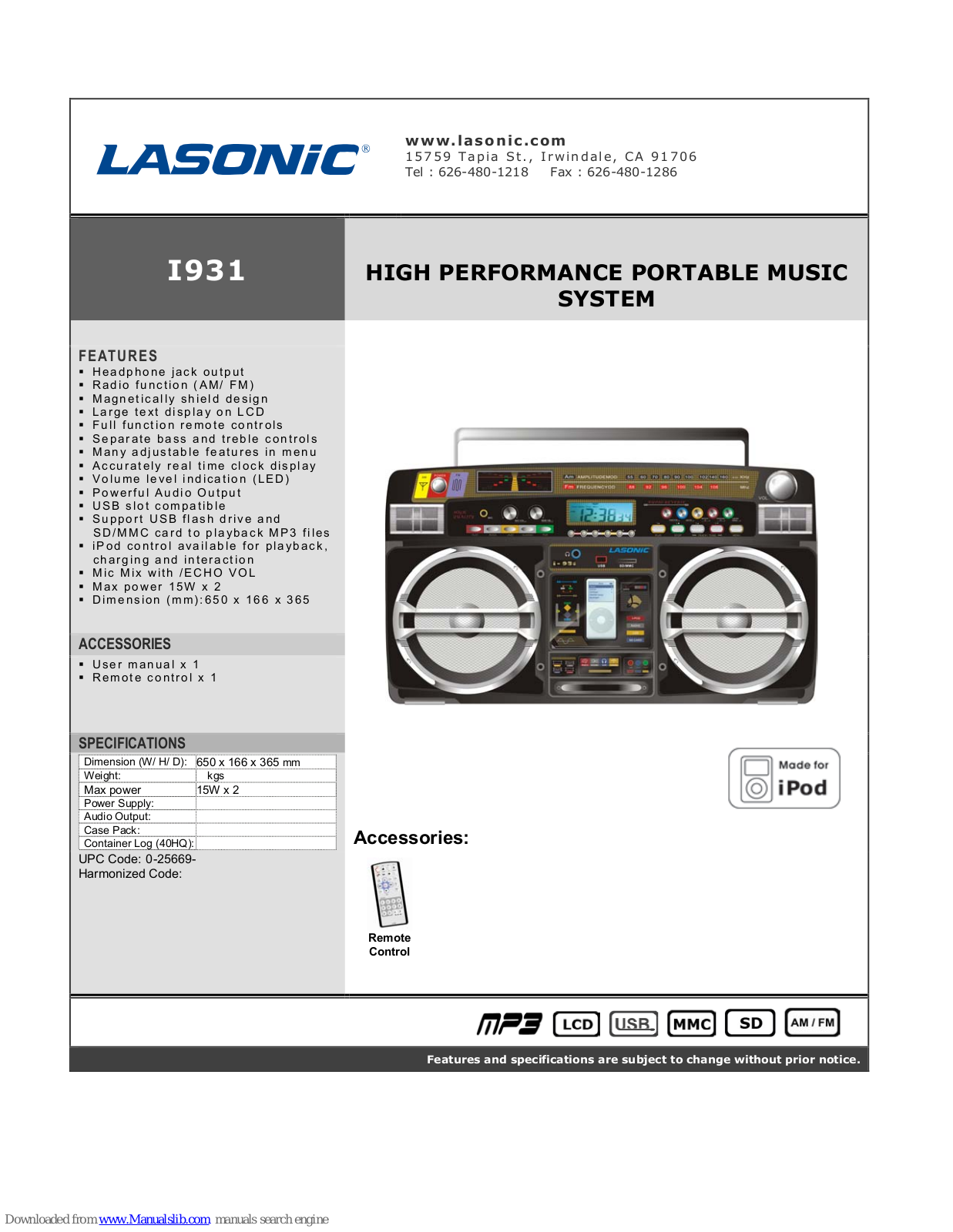 Lasonic I931 Specifications