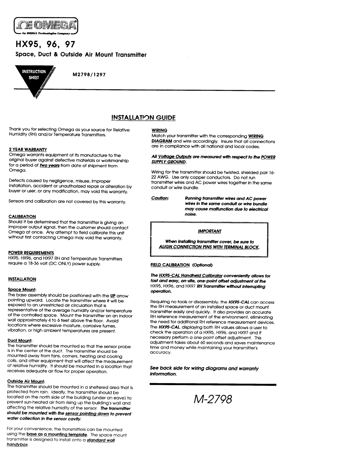 Omega Products HX95 Installation  Manual