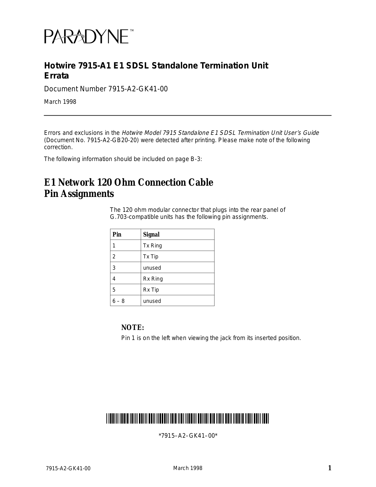 Paradyne 7915-A1 E1 SDSL User Manual