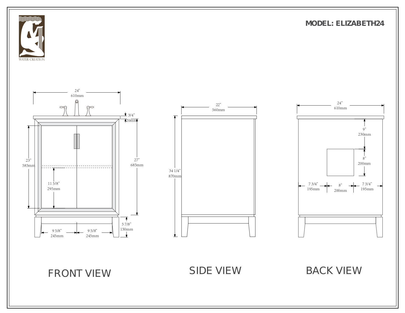 Water Creation VEL024CWCG00, VEL024CWMB42, VEL024CWMB38, VEL024CWMB37, VEL024CWMB33 Specifications