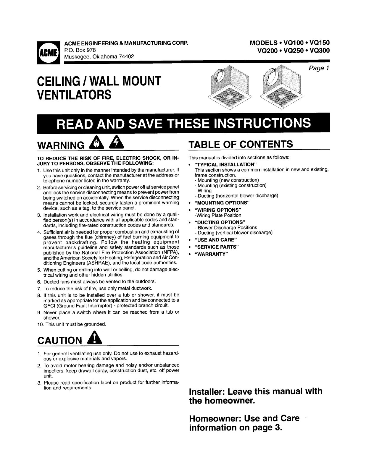 Acme Engineering VQ100 Installation  Manual