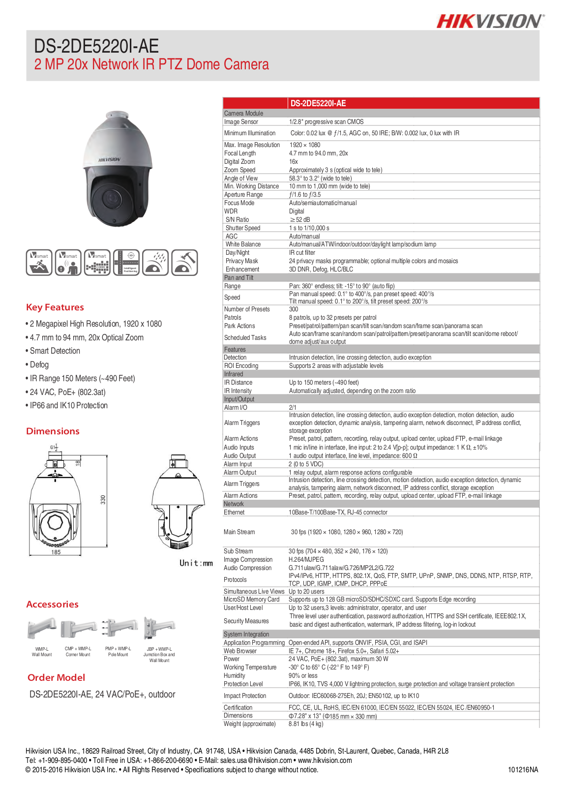 Hikvision DS-2DE5220I-AE Specsheet