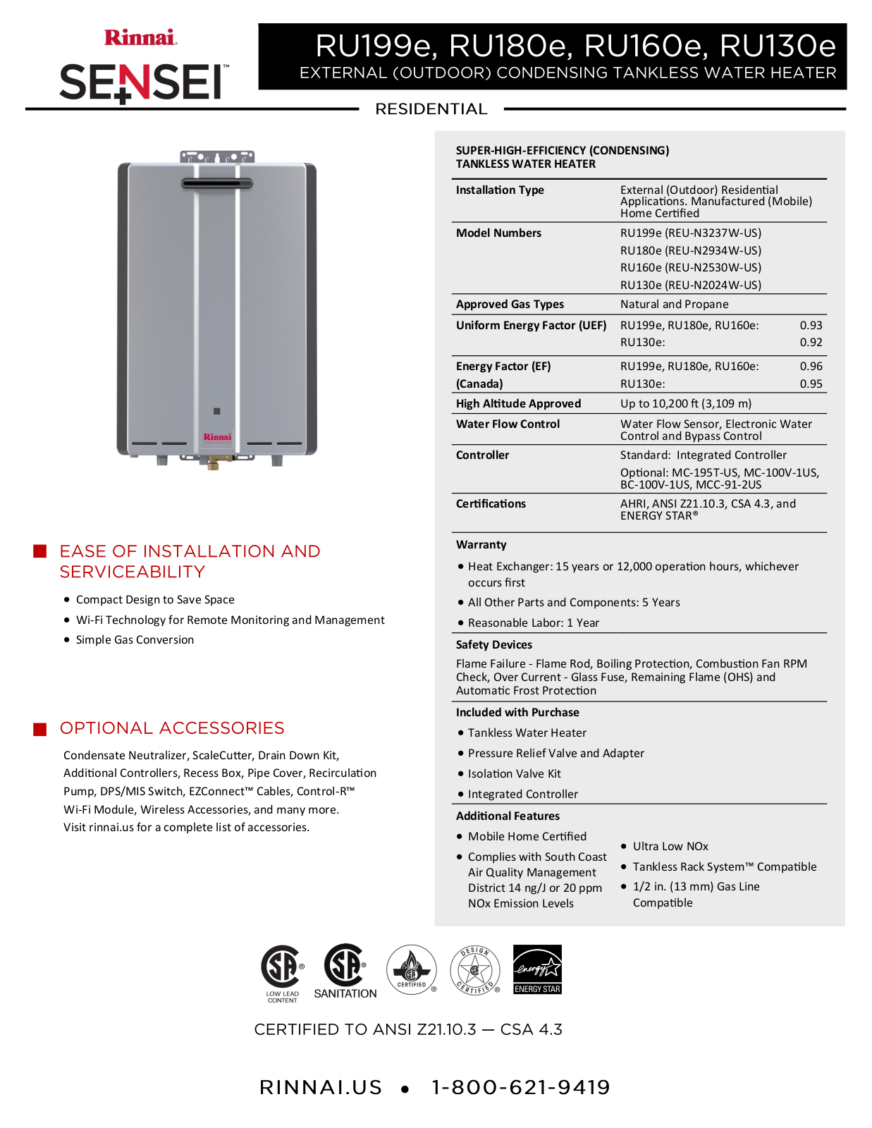 Rinnai Water Heater RU130eN Specifications