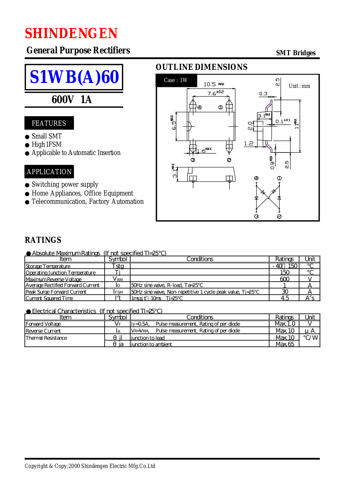 Shindengen Electric Manufacturing Company Ltd S1WBA60, S1WBA80 Datasheet