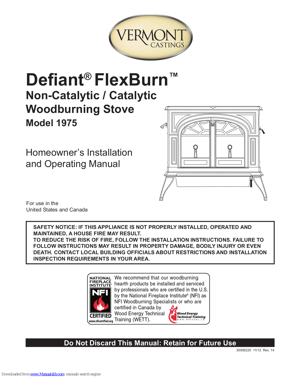 Vermont Castings Defiant FlexBurn, 1975, Defiant FlexBurn 1975 Homeowner's Installation And Operating Manual