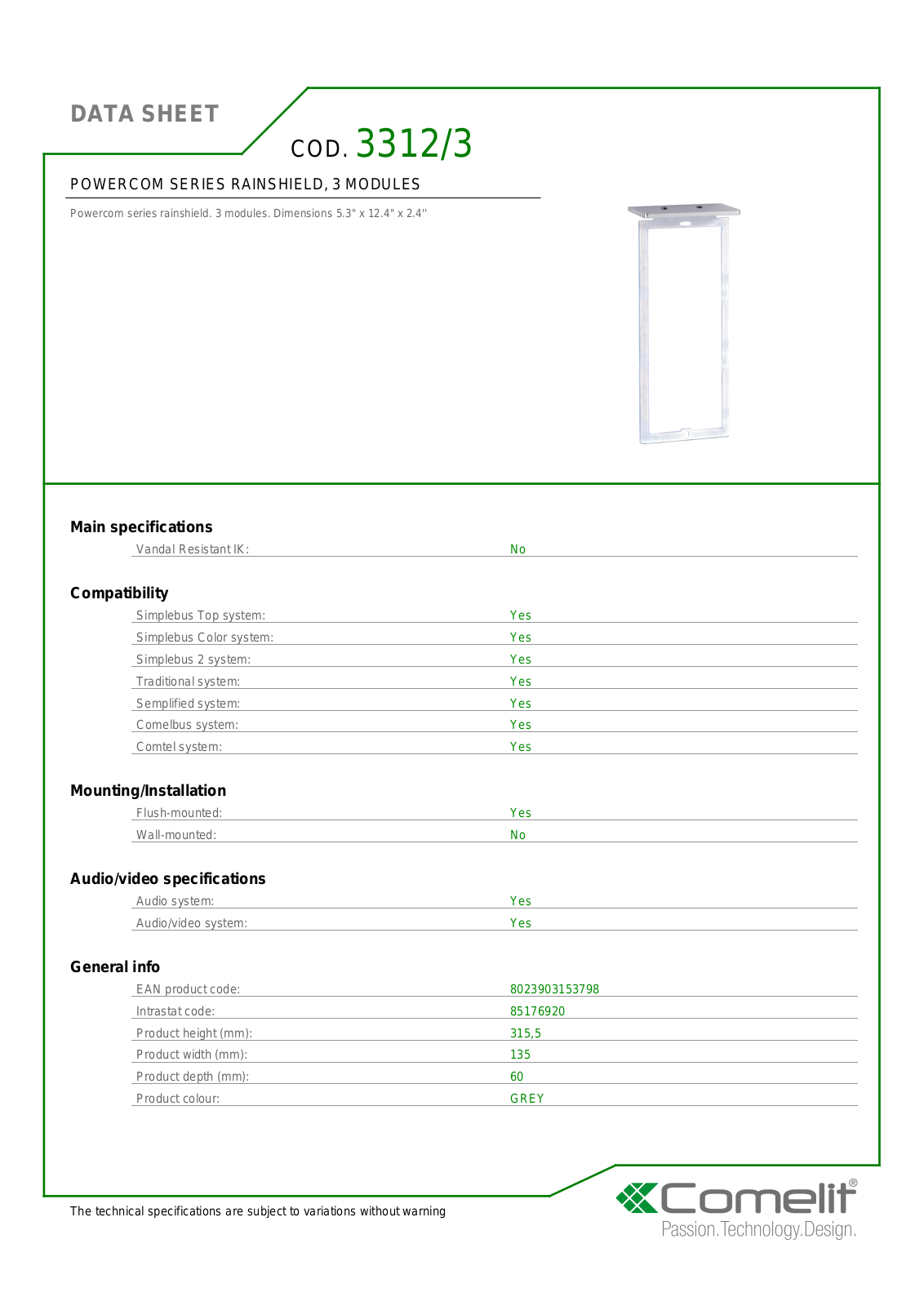 Comelit 3312-3 Specsheet