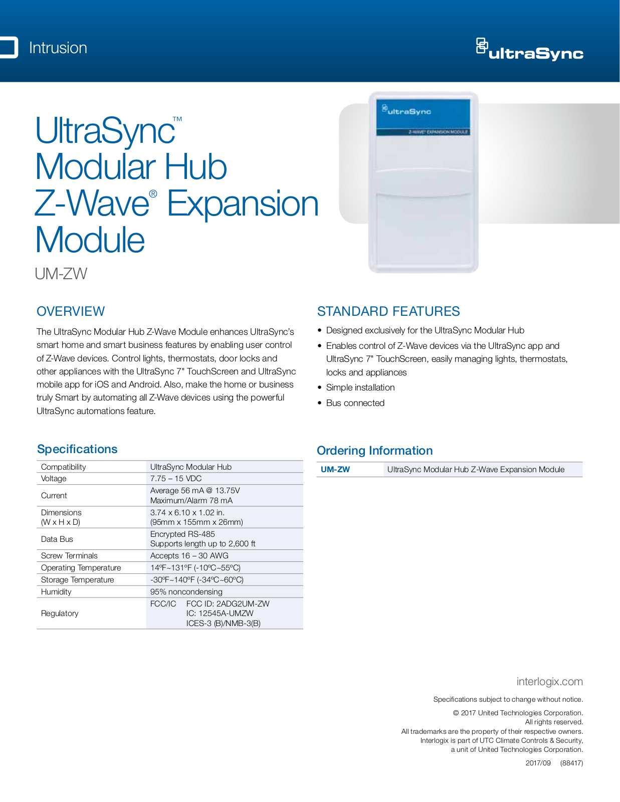 Interlogix UM-ZW Specsheet