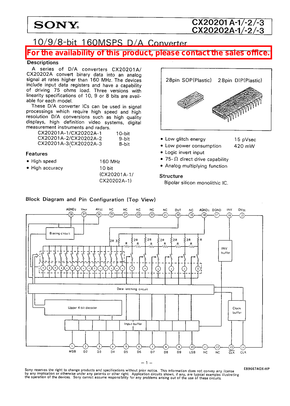 Sony CX20202A-3, CX20202A-2, CX20202A-1, CX20201A-3, CX20201A-2 Datasheet