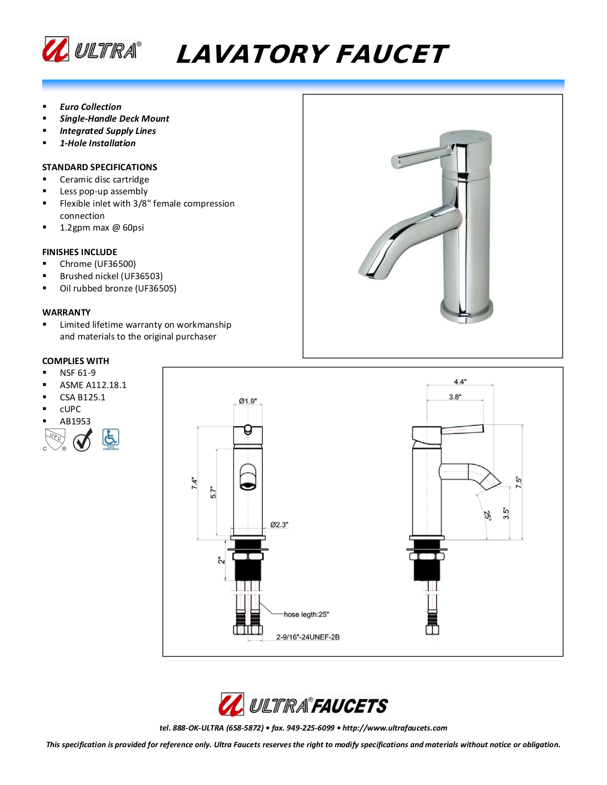 Ultra Faucets LTR10106 Specifications - ManualMachine.com