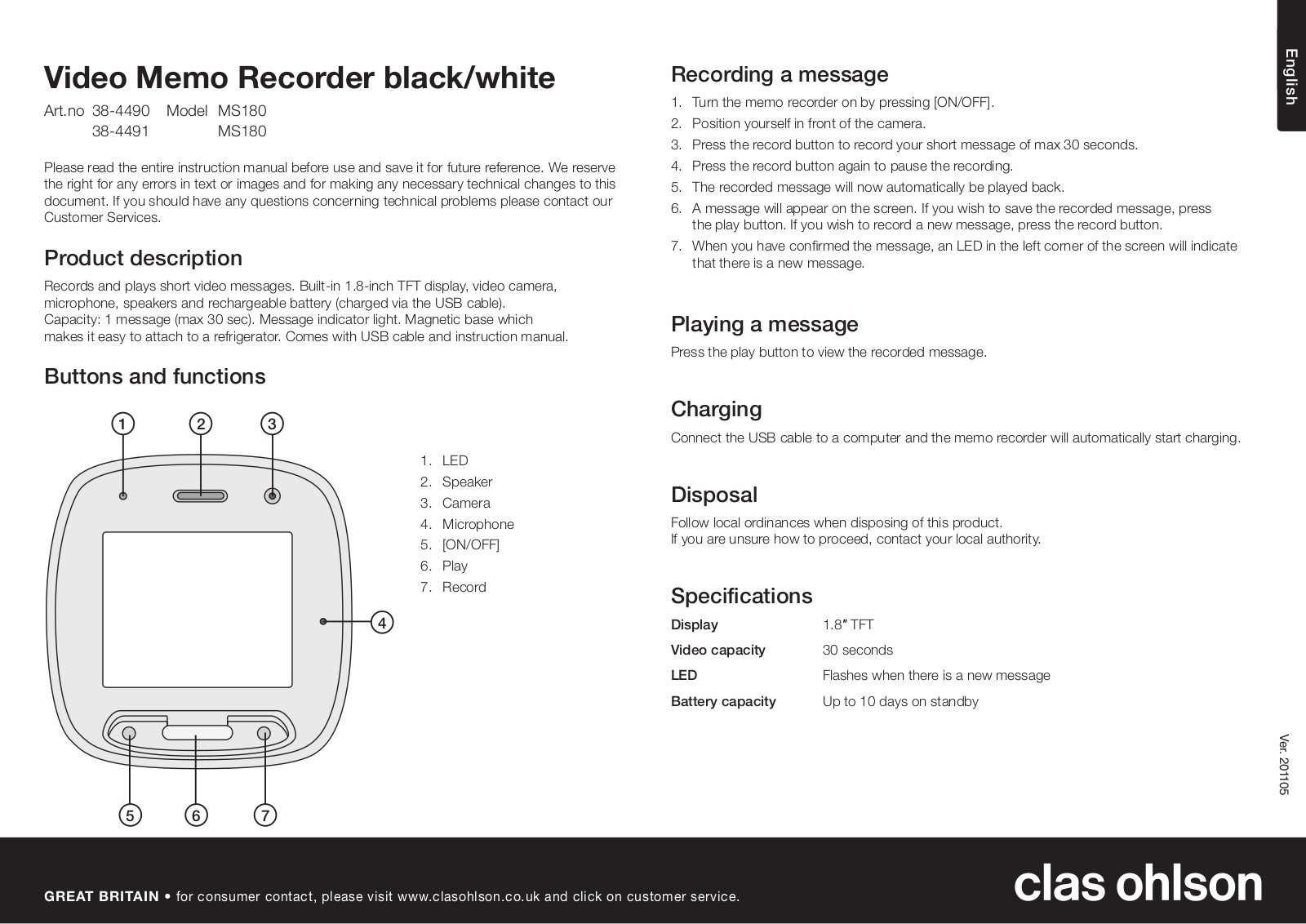 Clas Ohlson 38-4490, 38-4491, MS180 Instruction Manual