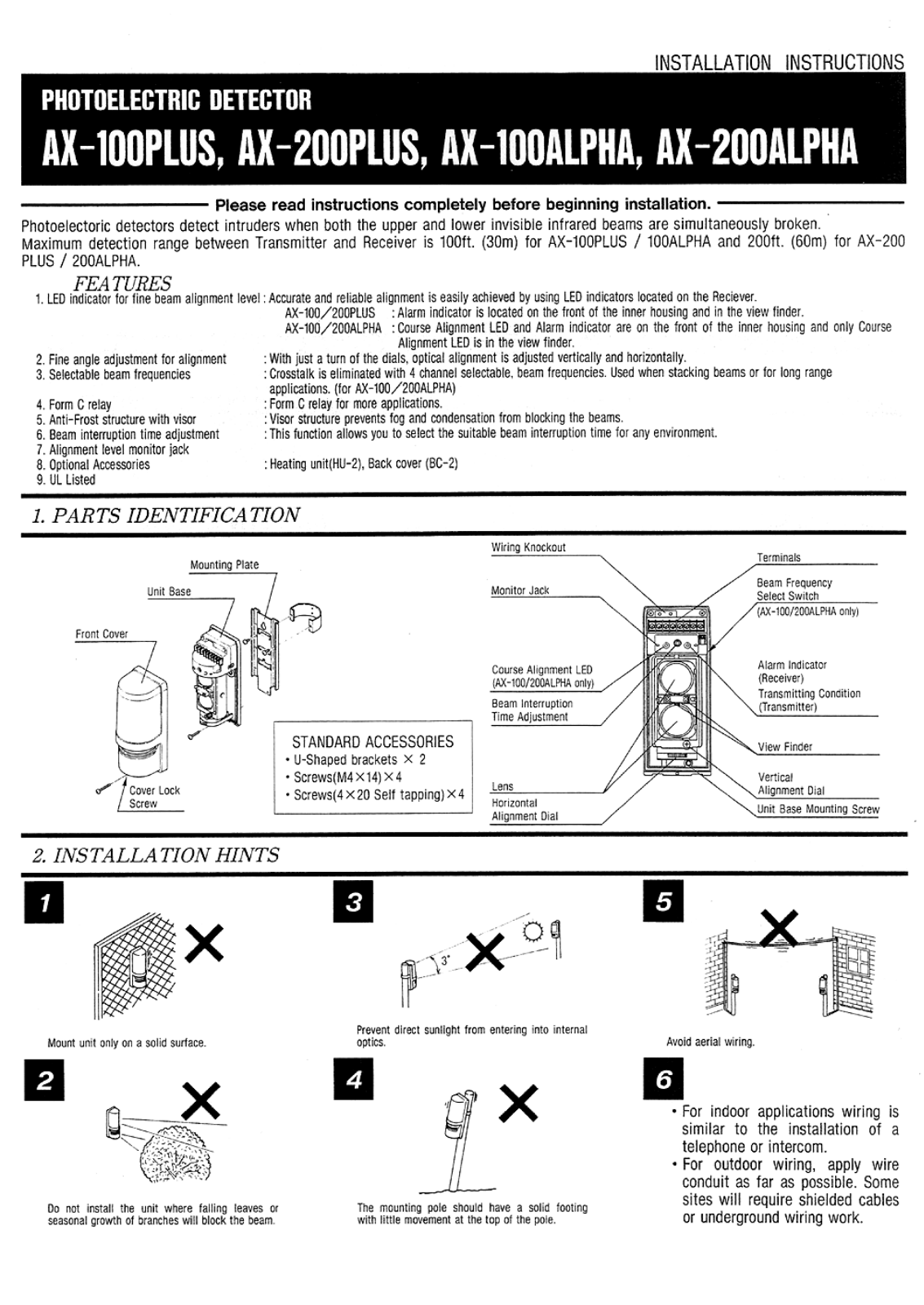 Optex AX-100 PLUS, AX-200PLUS Installation