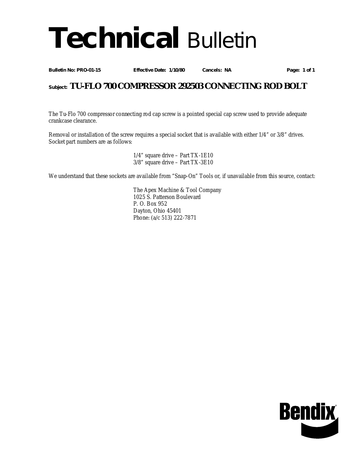 BENDIX TCH-001-015 User Manual