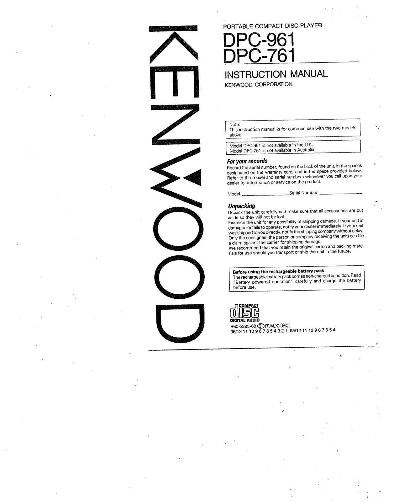 Kenwood DPC-961 Owner's Manual