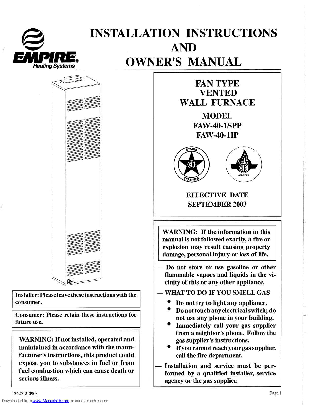 Empire Heating Systems FAW-40-1SPP, FAW-40-1IP Installation Instruction And Owenrs Manual