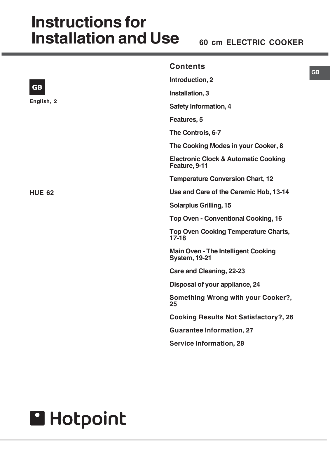 Hotpoint ELECTRIC COOKER User Manual