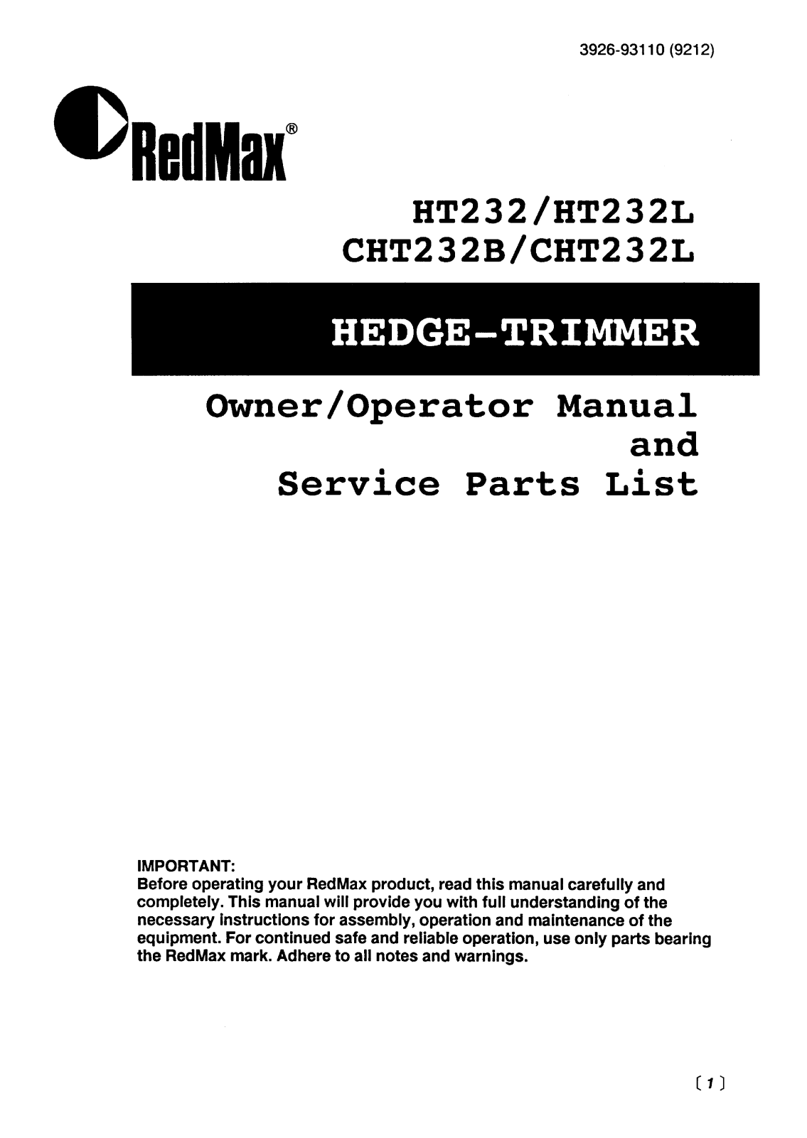 Zenoah HT232L, HT232, CHT232L, CHT232B User Manual