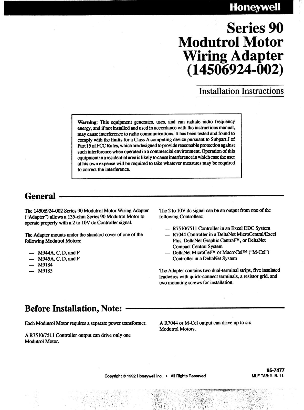 Honeywell 13520 Installation Instruction