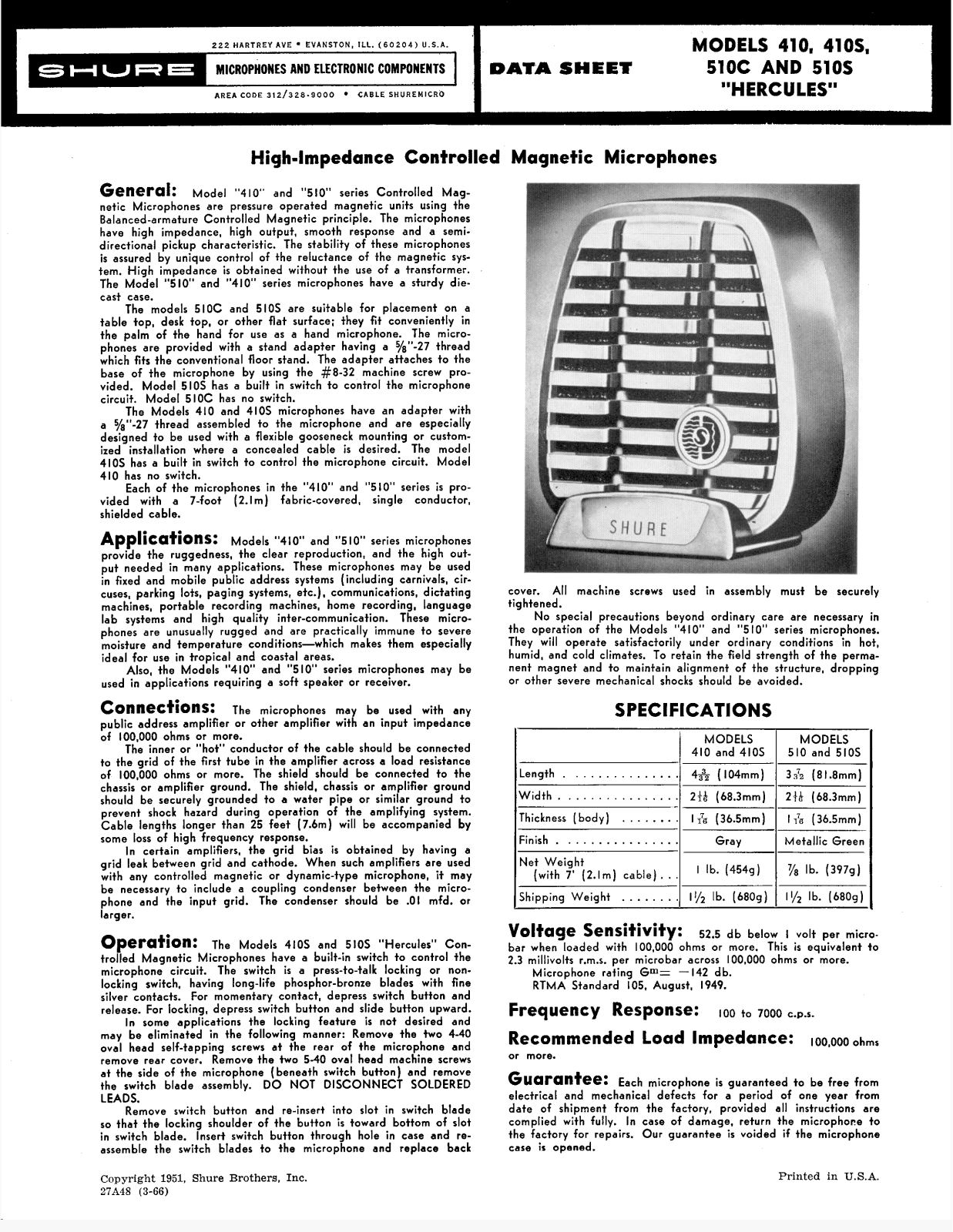 Shure 410, 410S, 510S User Guide