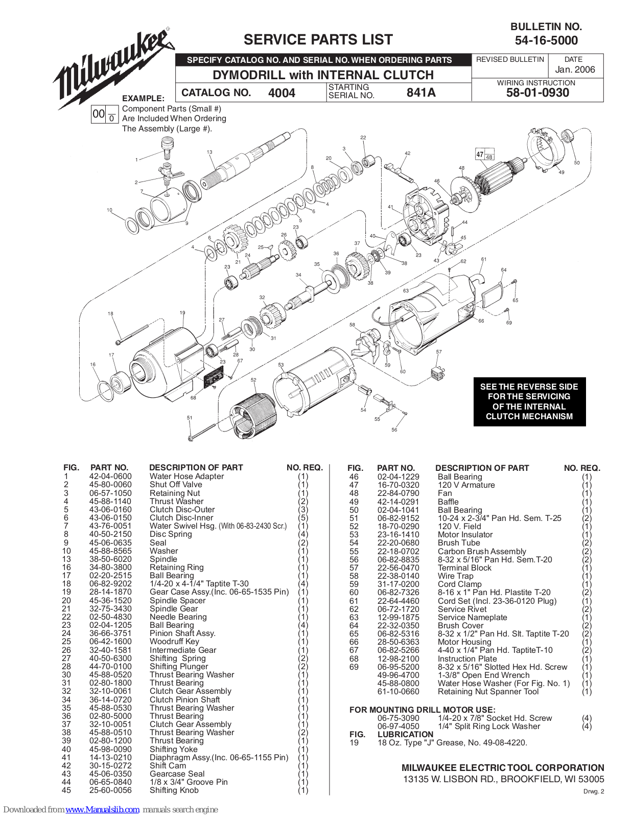 Milwaukee 54-16-5000, 4004, 841A Service Parts List