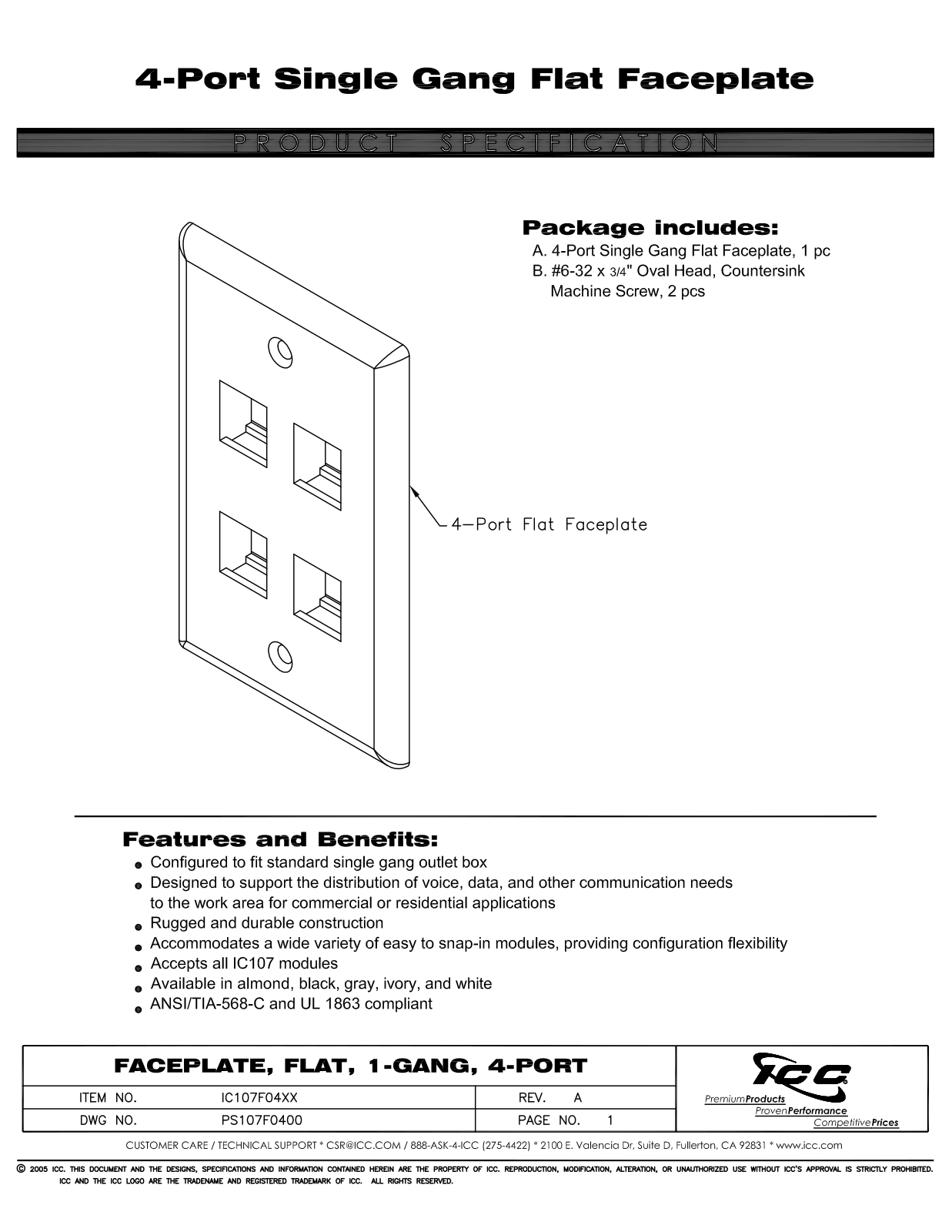 ICC IC107F04AL, IC107F04BK, IC107F04GY, IC107F04IV, IC107F04WH Specsheet