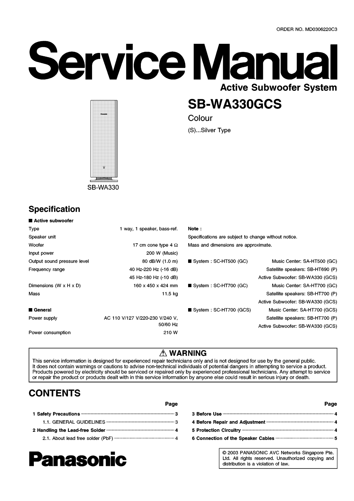 Panasonic SBWA-330-GCS, SBWA-330-GCS Service manual