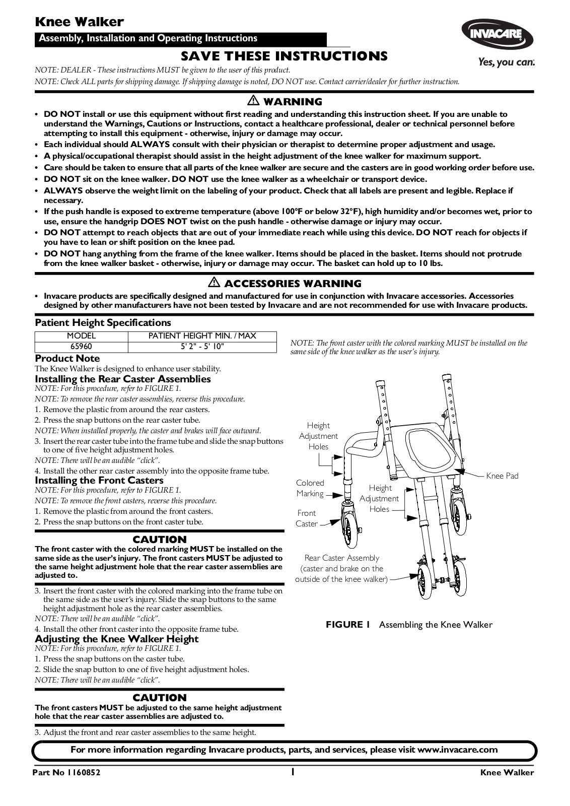 Invacare 1160852 User Manual