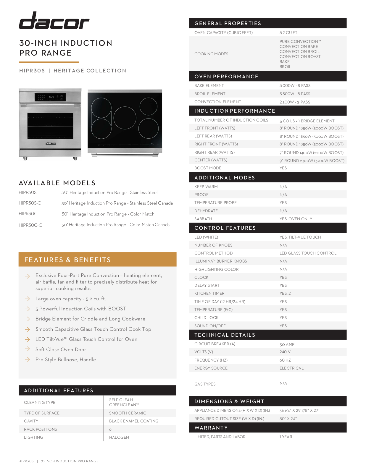 Dacor DARERADWRH305 Specs