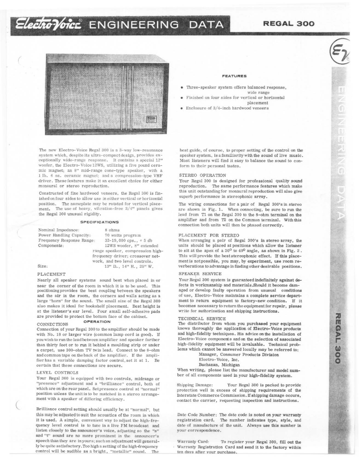 Electro-voice REGAL 300 User Manual