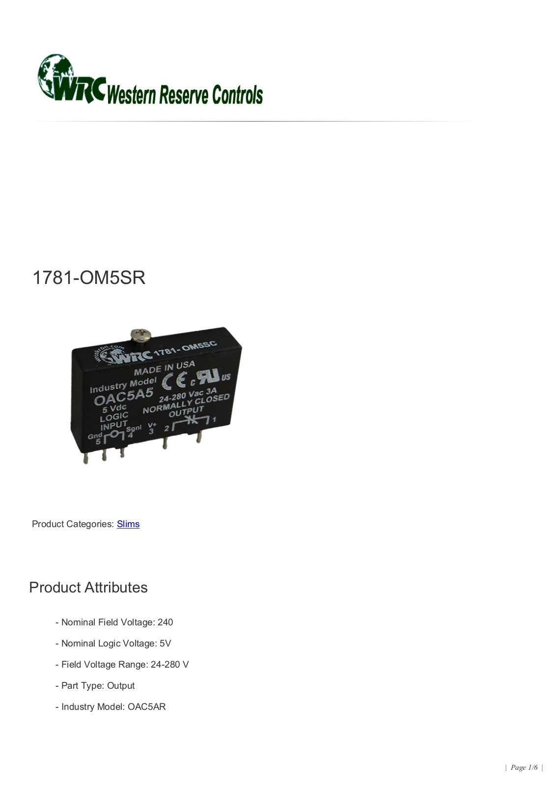 Western Reserve Controls 1781-OM5SR Data Sheet