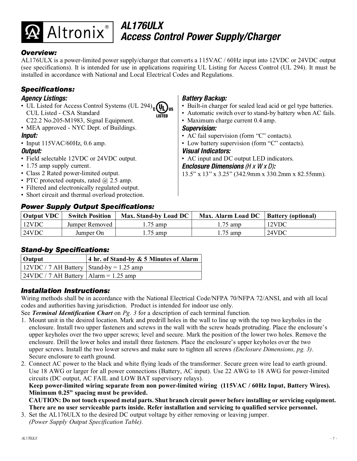 Altronix AL176ULX Installation Manual