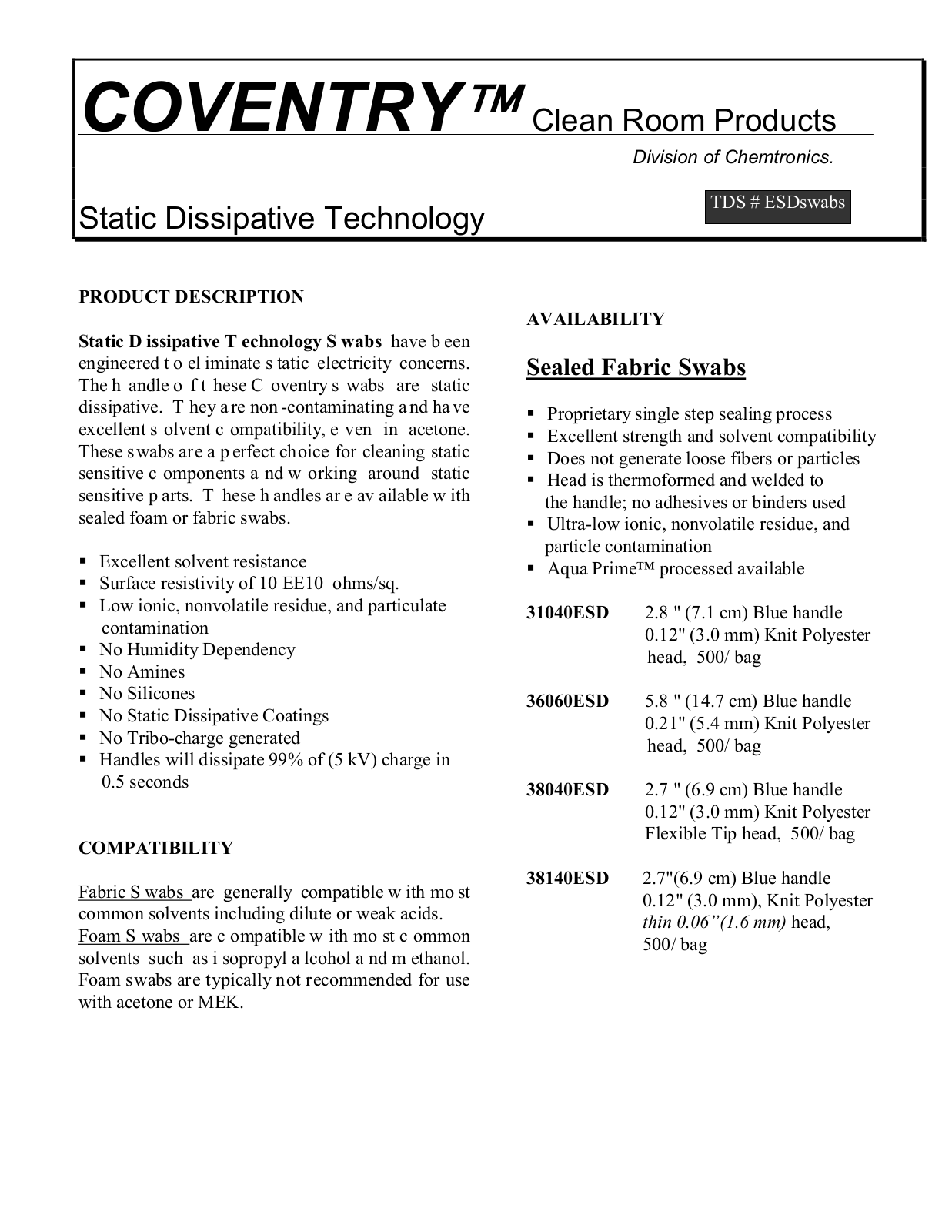 Chemtronics ESDswabs Data Sheet