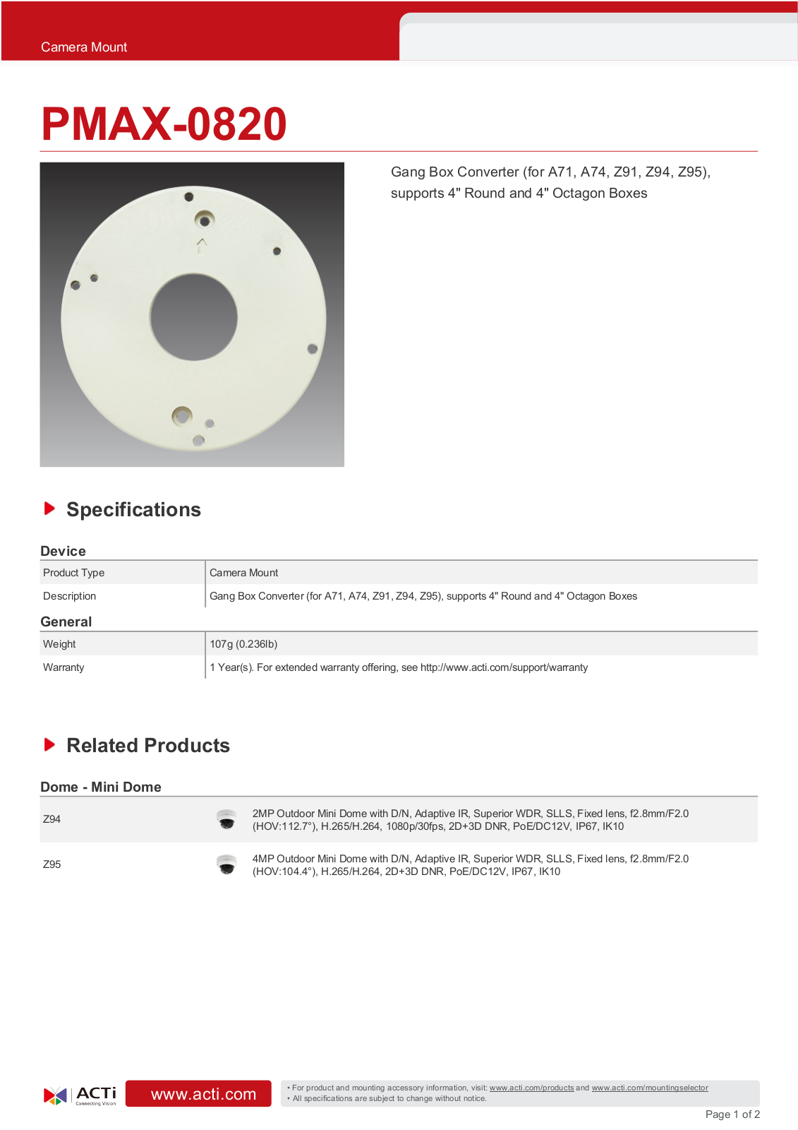 ACTi PMAX-0820 Specsheet