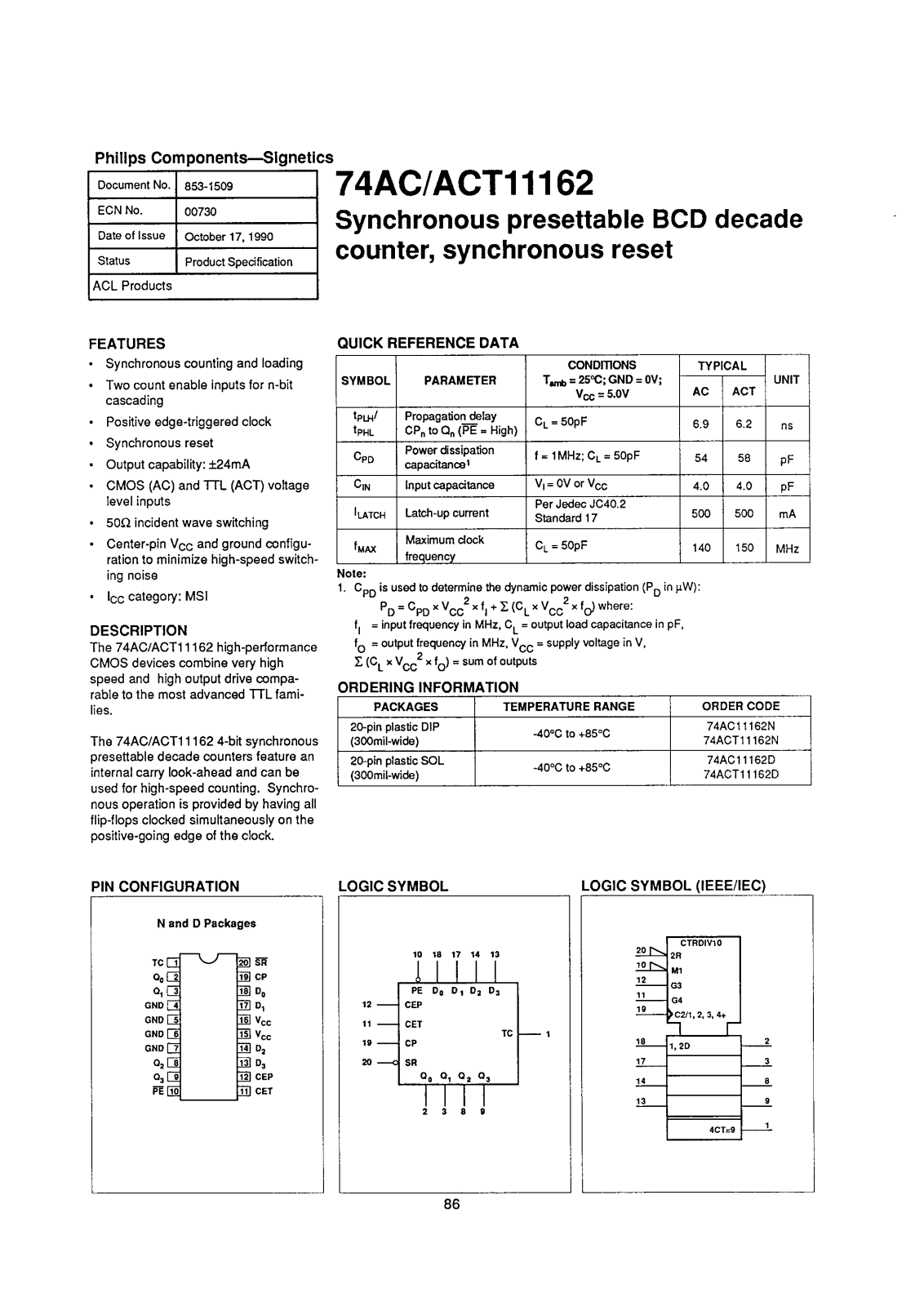 Philips 74ACT11162D, 74AC11162N, 74AC11162D Datasheet