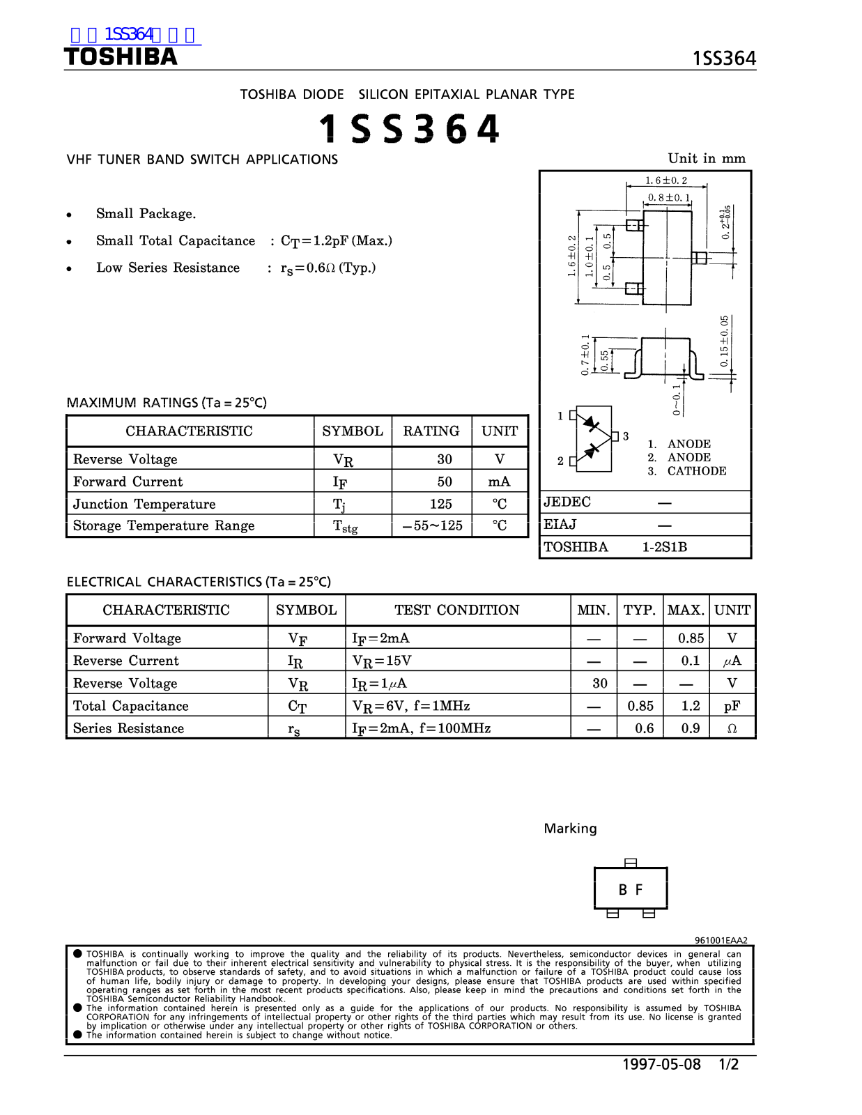 TOSHIBA 1SS364 Technical data