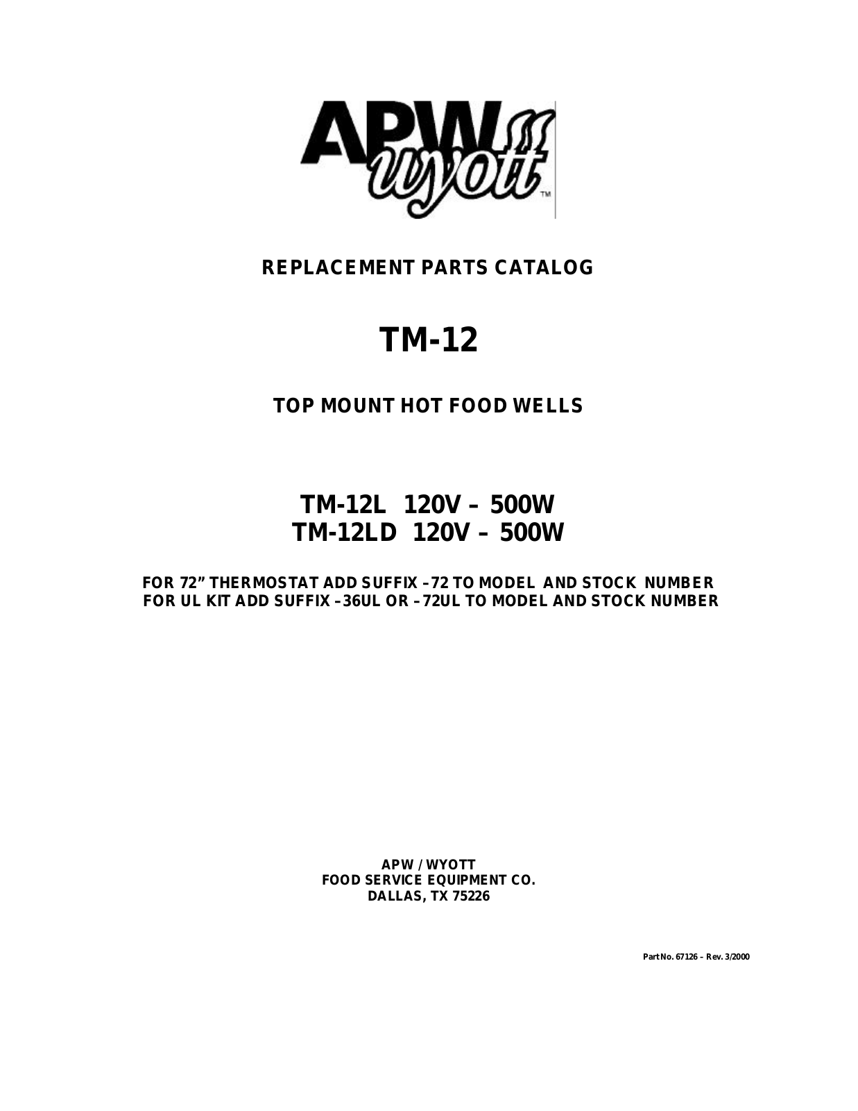 APW Wyott TM-12L PARTS LIST