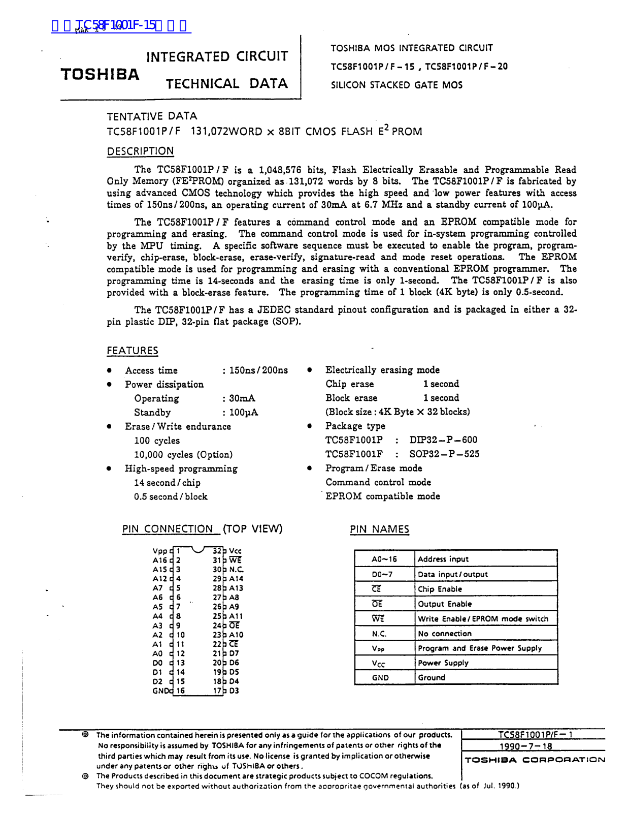 TOSHIBA TC58F1001P-15, TC58F1001F-15 Technical data